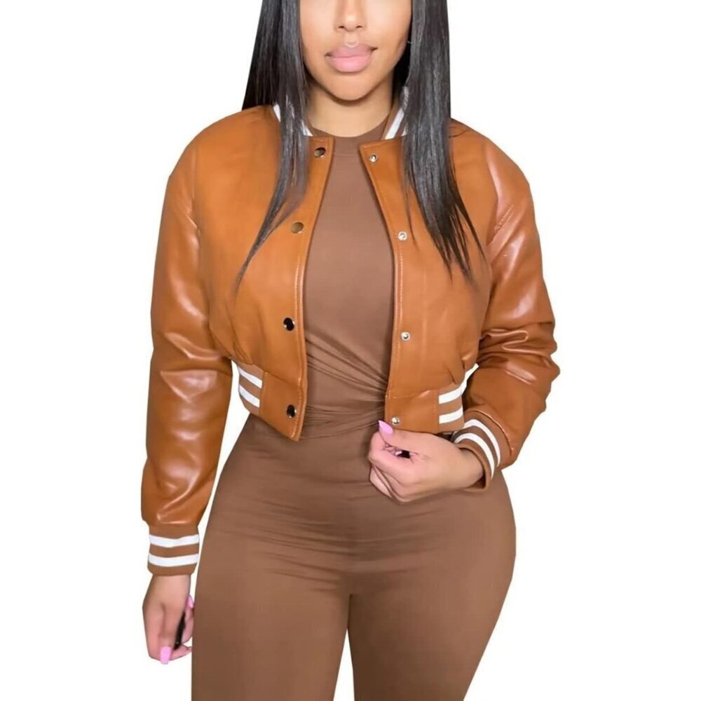 Women's Varsity Jacket Long Sleeve Button Down Bomber Jacket Streetwear B-Coffee
